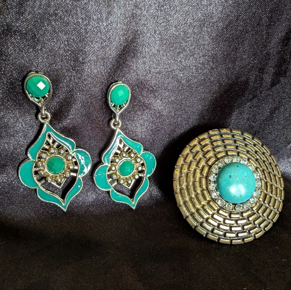 Turquoise Earrings and Statement Ring sz 7